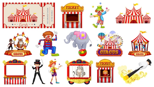 Vecteur gratuit ensemble de personnages de cirque et d'éléments de parc d'attractions