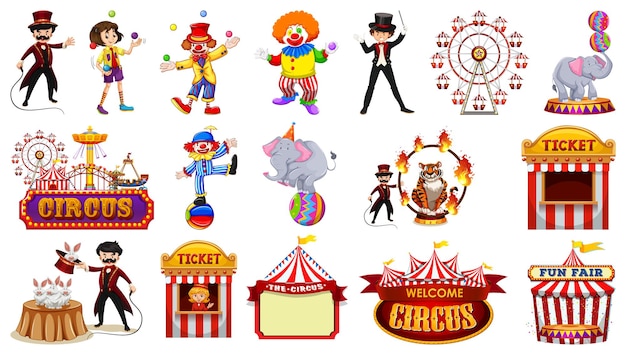 Vecteur gratuit ensemble de personnages de cirque et d'éléments de parc d'attractions