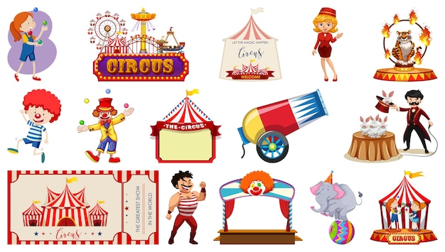 Ensemble De Personnages De Cirque Et D'éléments De Parc D'attractions