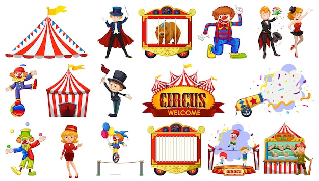 Vecteur gratuit ensemble de personnages de cirque et d'éléments de parc d'attractions