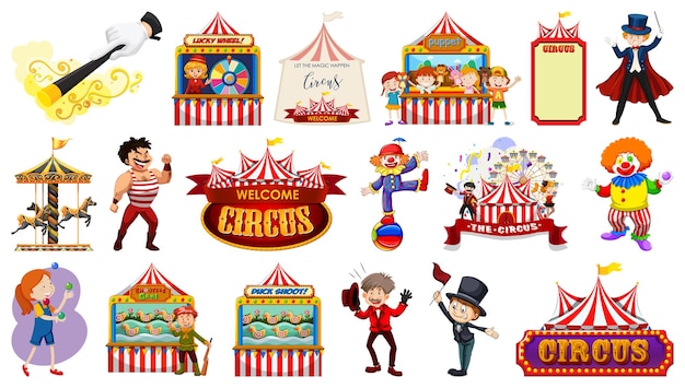 Vecteur gratuit ensemble de personnages de cirque et d'éléments de parc d'attractions