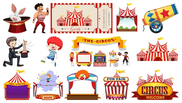 Vecteur gratuit ensemble de personnages de cirque et d'éléments de parc d'attractions