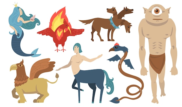 Vecteur gratuit ensemble de personnages de créatures mythiques. lion volant, cyclope, griffon, centaure, sirène, cerbère. pour la mythologie grecque, la fantaisie, la légende, la culture, la littérature