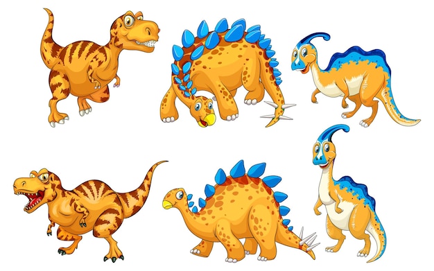 Vecteur gratuit ensemble de personnages de dessins animés de dinosaures orange