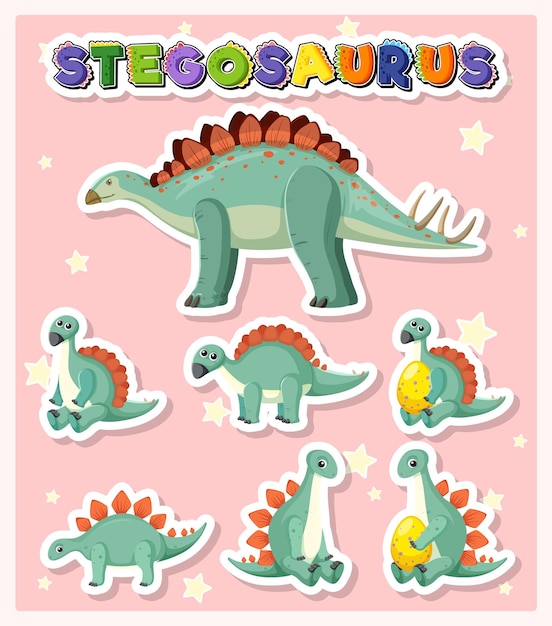 Vecteur gratuit ensemble de personnages de dessins animés de dinosaures stegosaurus mignons