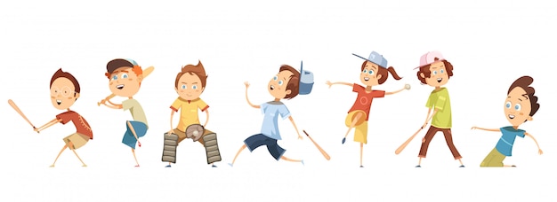Ensemble de personnages d&#39;enfants de dessin animé drôle dans différentes poses jouant au baseball plat