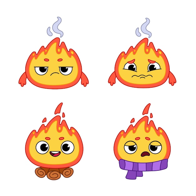 Vecteur gratuit ensemble de personnages de flamme mignons dessinés à la main avec des expressions agacées et tristes, du bois de chauffage, une écharpe
