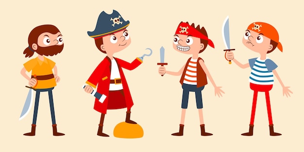 Vecteur gratuit l'ensemble de personnages de l'homme pirate vectoriel contient le capitaine, le marin, l'équipage dans diverses poses et émotions pour le graphiste