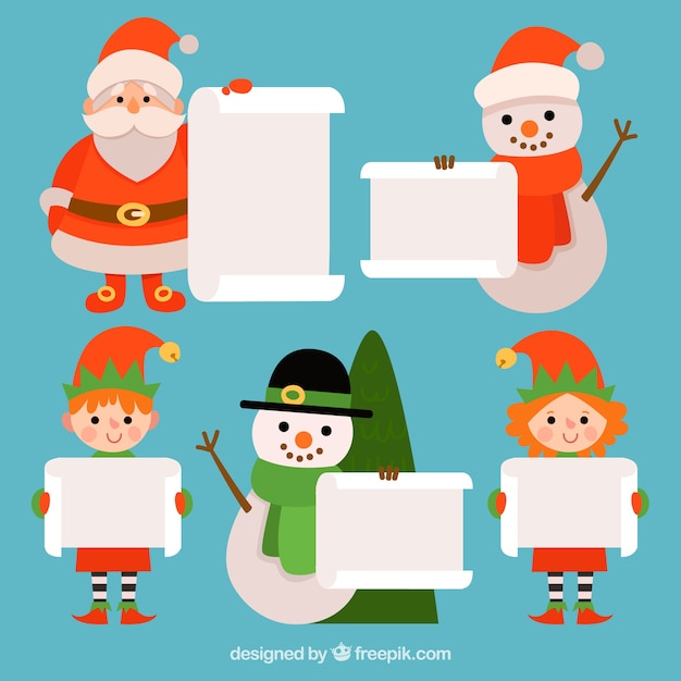 Vecteur gratuit ensemble de personnages de noël avec lettre