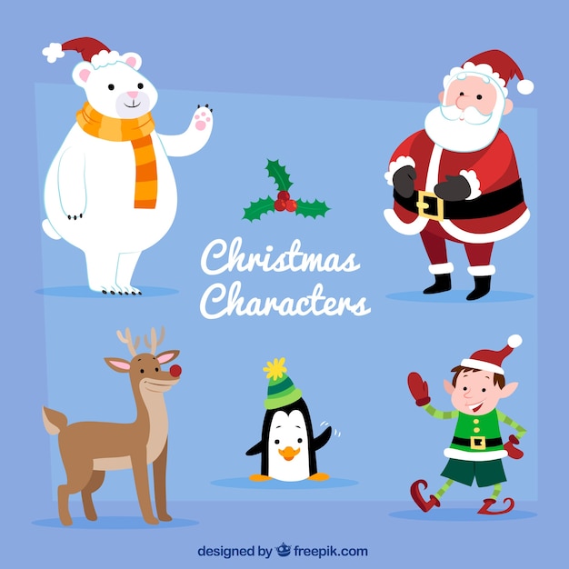 Vecteur gratuit ensemble de personnages de noël mignons avec le père noël