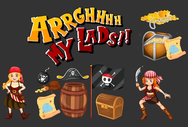 Vecteur gratuit ensemble de personnages et d'objets de dessins animés pirates