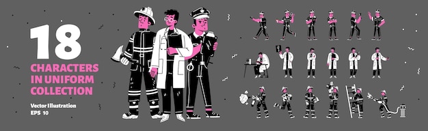 Vecteur gratuit ensemble de personnages pompier police et médecin