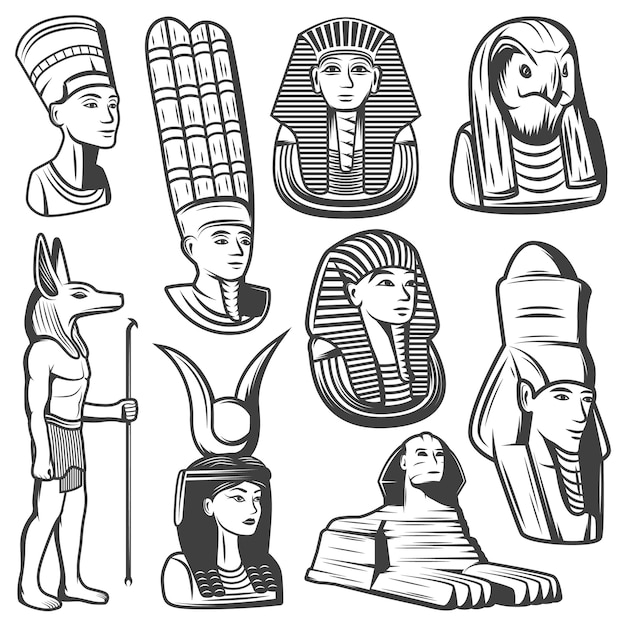 Vecteur gratuit ensemble de personnes vintage egypte ancienne monochrome