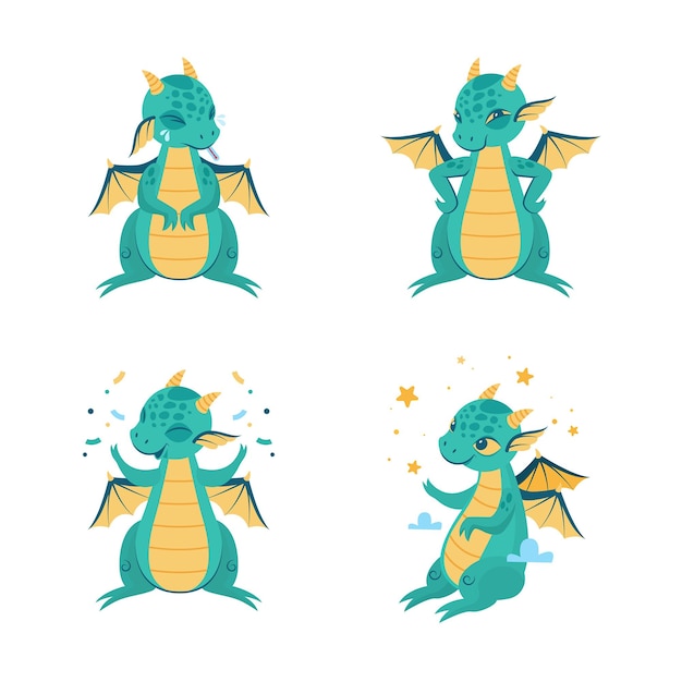 Vecteur gratuit ensemble de petit personnage de dragon de dessin animé dans différentes actions