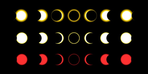 Ensemble de phases d'éclipse de lune et de soleil. collection de scènes solaires et lunaires jaunes et rouges.