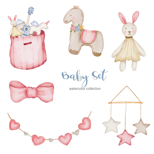 Ensemble de pièces séparées et réunies pour créer de beaux vêtements, articles pour bébés et jouets dans un style aquarelle, illustration à l'aquarelle