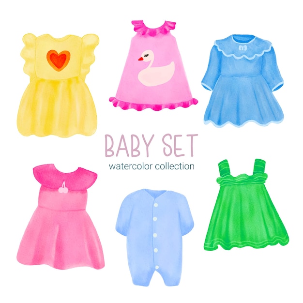 Vecteur gratuit ensemble de pièces séparées et réunissant de beaux vêtements pour bébés et jouets dans le style des couleurs de l'eau sur fond blanc illustration vectorielle aquarelle