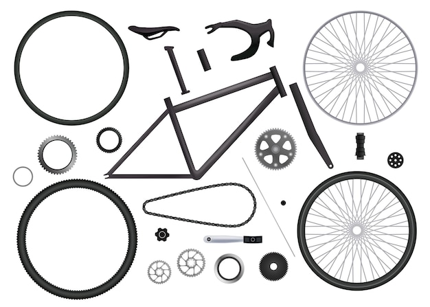 Vecteur gratuit ensemble de pièces de vélo d'images monochromatiques isolées avec des éléments de vélo pour l'assemblage à la main sur l'illustration vectorielle de fond blanc