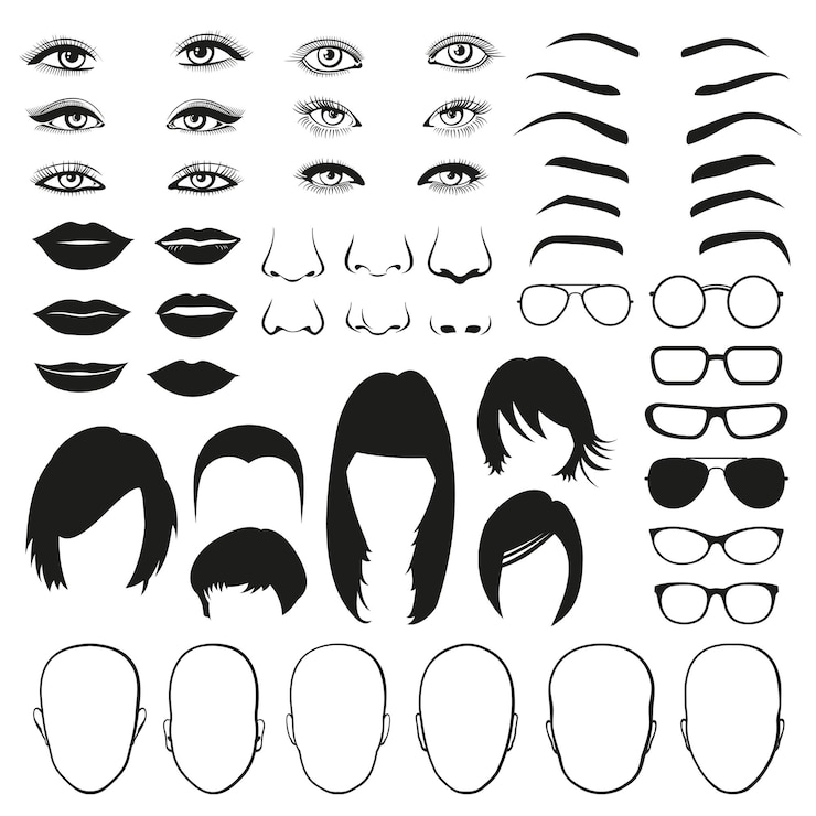 Vecteur gratuit ensemble de pièces de visage de femme