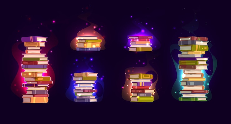 Vecteur gratuit ensemble de piles de livres de sorts magiques sur fond sombre