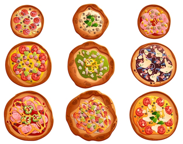 Vecteur gratuit ensemble de pizza avec différentes garnitures sur base ronde