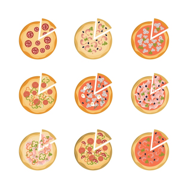 Vecteur gratuit ensemble de pizzas savoureuses toutes sortes de pizzas sur fond blanc