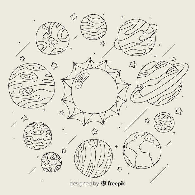 Vecteur gratuit ensemble de planète dessiné à la main dans un style doodle