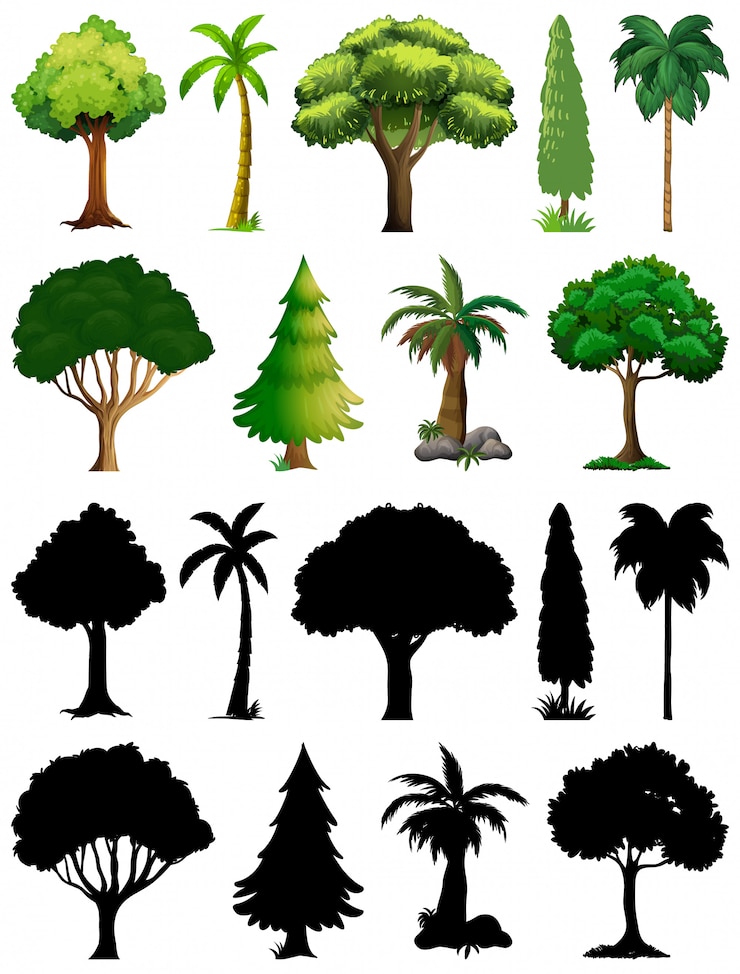 Vecteur gratuit ensemble de plante et arbre avec sa silhouette