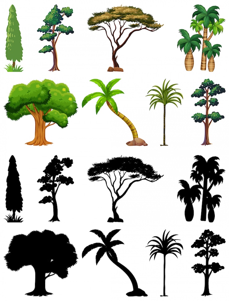 Vecteur gratuit ensemble de plante et arbre avec sa silhouette