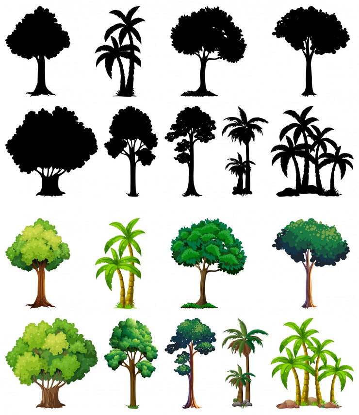Vecteur gratuit ensemble de plante et arbre avec sa silhouette