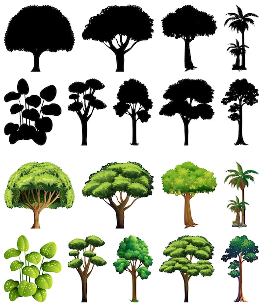 Vecteur gratuit ensemble de plante et arbre avec sa silhouette