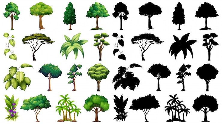 Vecteur gratuit ensemble de plantes et d'arbres avec sa silhouette