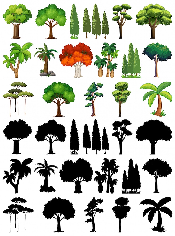 Vecteur gratuit ensemble de plantes et d'arbres avec sa silhouette