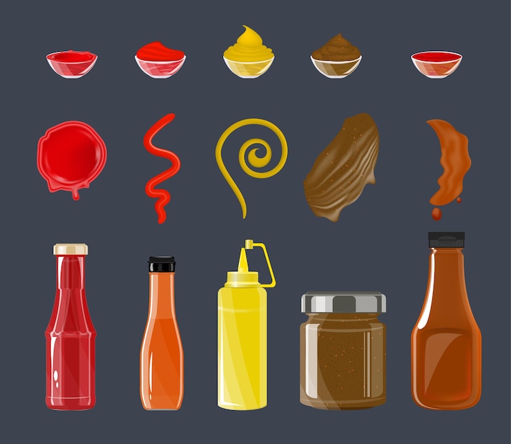 Vecteur gratuit ensemble plat avec des bouteilles et des bandes de sauces barbecue au ketchup à la tomate, à la moutarde et au piment isolés sur fond de couleur illustration vectorielle