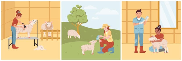 Vecteur gratuit ensemble plat d'élevage de moutons avec des agriculteurs cisaillant l'alimentation et donnant un traitement aux animaux isolés illustration vectorielle