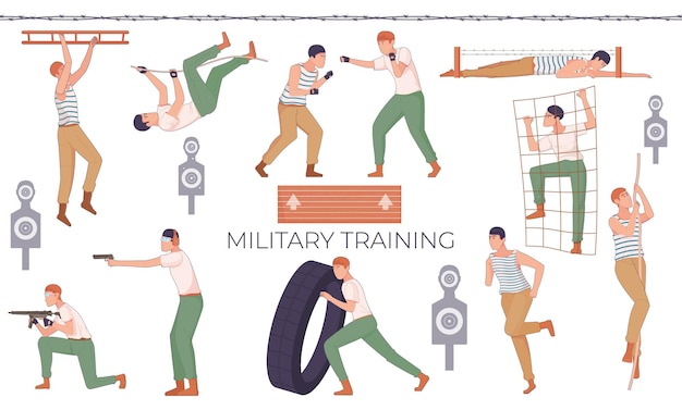 Vecteur gratuit ensemble plat d'entraînement militaire d'icônes isolées avec des personnages humains de cibles de recrues et d'obstacles physiques illustration vectorielle