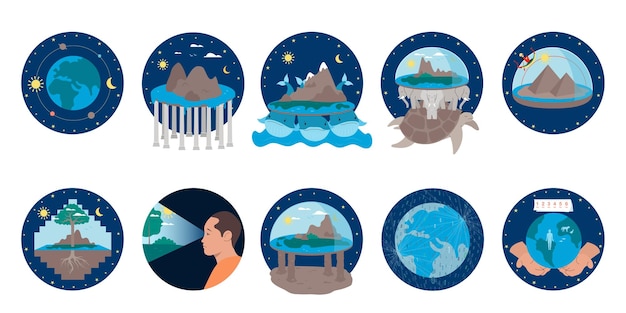 Vecteur gratuit un ensemble plat d'icônes avec diverses théories de la terre isolées sur une illustration vectorielle de fond blanc