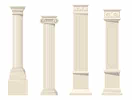 Vecteur gratuit ensemble plat de piliers architecturaux sculptés classiques vintage. colonnes romaines, renaissance ou baroques de dessin animé pour la collection de vecteur isolé intérieur. concept de conception et de décoration de bâtiment