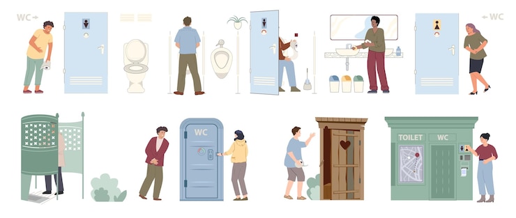 Vecteur gratuit un ensemble plat de toilettes publiques, de toilettes intérieures et extérieures, d'urinoirs en plein air et de cabines de rue. illustration vectorielle isolée