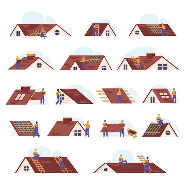 Vecteur gratuit ensemble plat de toit d'icônes isolées avec vue sur les toits de maison en pente avec des personnages d'illustration vectorielle de travailleurs