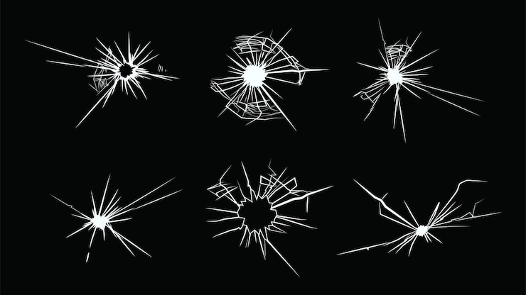 Vecteur gratuit ensemble plat en verre cassé. fissures blanches de la collection d'illustration vectorielle fenêtre détruite ou cassée. concept de violence, de destruction et de crime