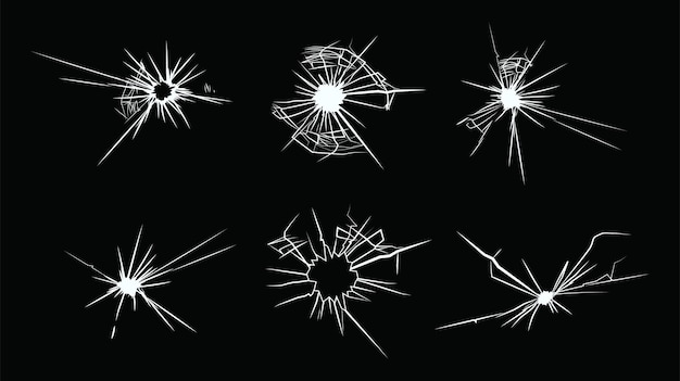 Ensemble plat en verre cassé. Fissures blanches de la collection d'illustration vectorielle fenêtre détruite ou cassée. Concept de violence, de destruction et de crime