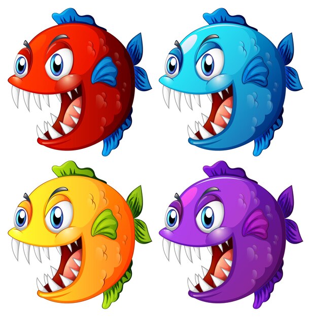 Ensemble de poissons exotiques de couleur différente avec personnage de dessin animé de grands yeux sur fond blanc