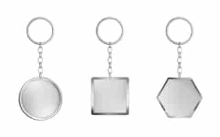 Vecteur gratuit ensemble de porte-clés. métal rond, carré et hexagone