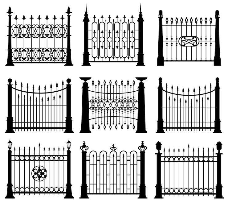 Vecteur gratuit ensemble de portes et clôtures en fer noir et blanc