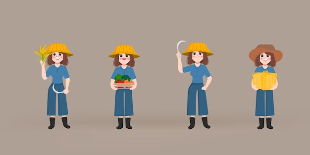 Vecteur gratuit ensemble de poses de personnages féminins fermiers et planteurs
