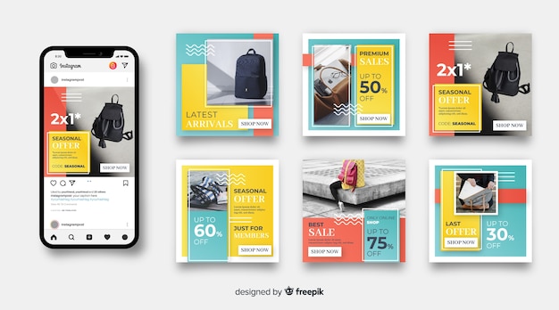 Vecteur gratuit ensemble de post instagram poste de vente de mode abstraite