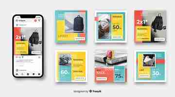 Vecteur gratuit ensemble de post instagram poste de vente de mode abstraite