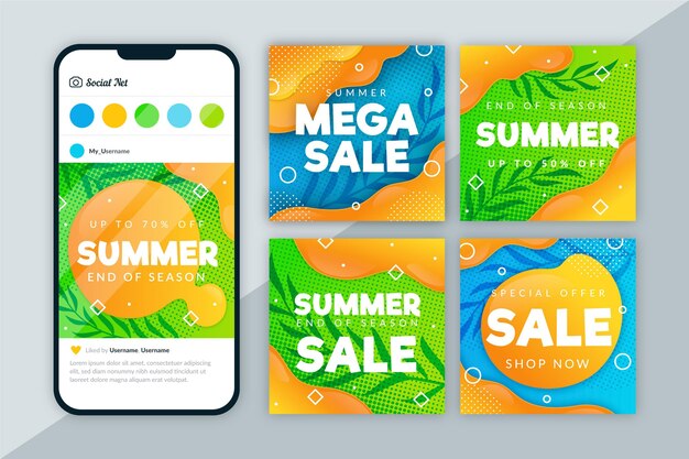 Vecteur gratuit ensemble de post instagram de soldes d'été de fin de saison