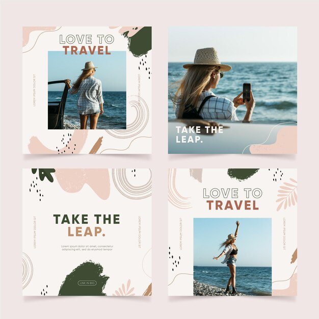 Ensemble de post instagram de voyage dessiné à la main